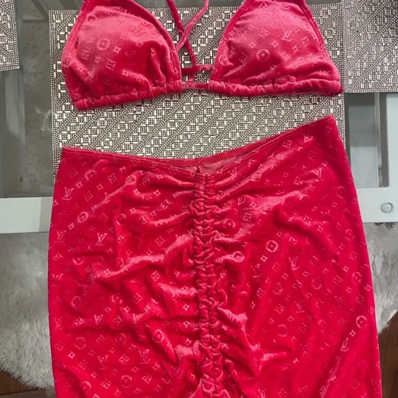 💗 LOUIS VUITTON Monogram LV Velvet Hot Pink Bikini & Skirt Swim Swimsuit NEW M - Picture 7 of 12